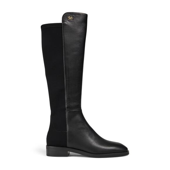 Stuart Weitzman Black Leather Stretch Riding Boots 8B Knee High SW Logo (defect) - Picture 1 of 10